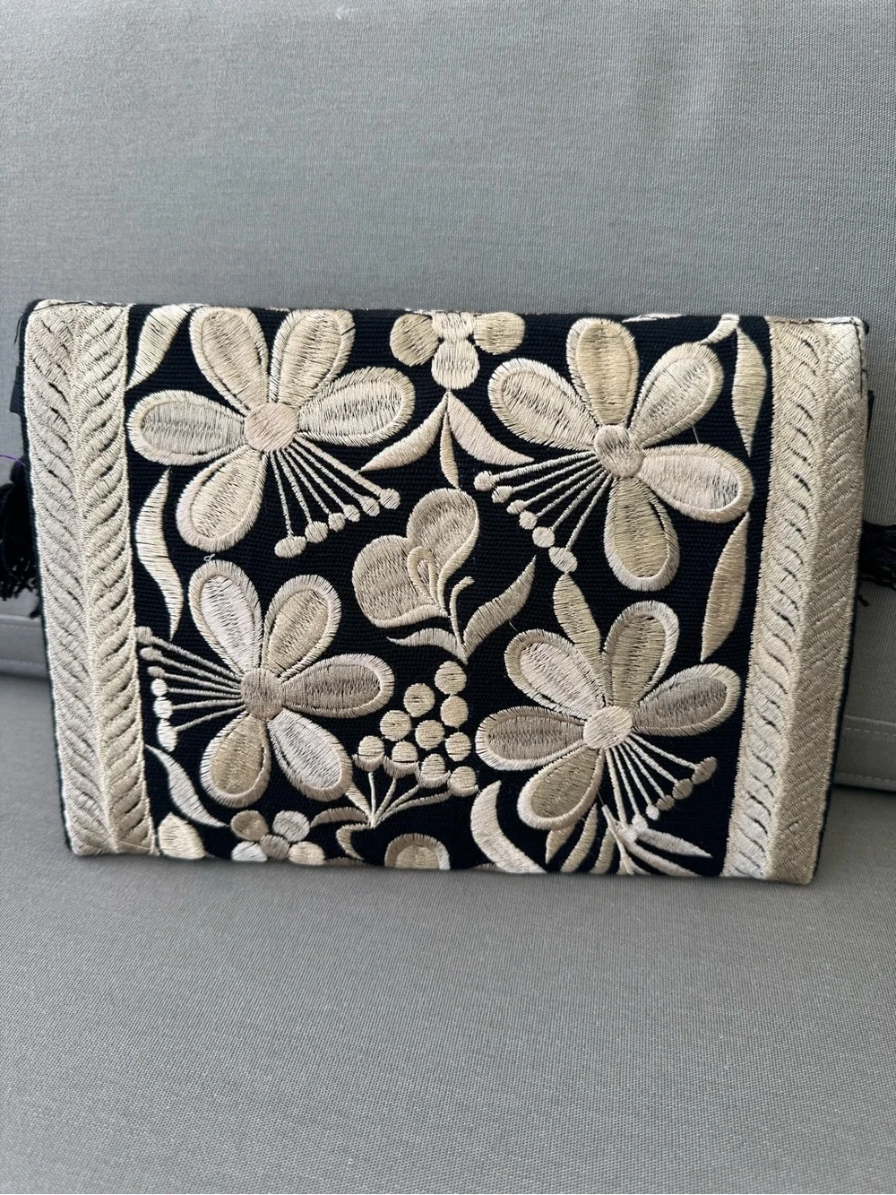 Handmade Mexican Embroidered Clutch Purse | Black & Ivory Tassel Crossbody - Picture 8 of 9